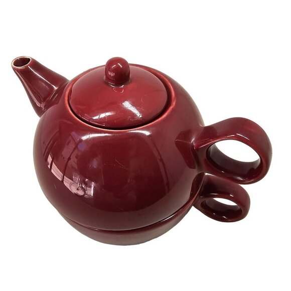 Old Amsterdam Porcelain Works Individual Stacked Teapot + Mug 8 oz Capacity Plum